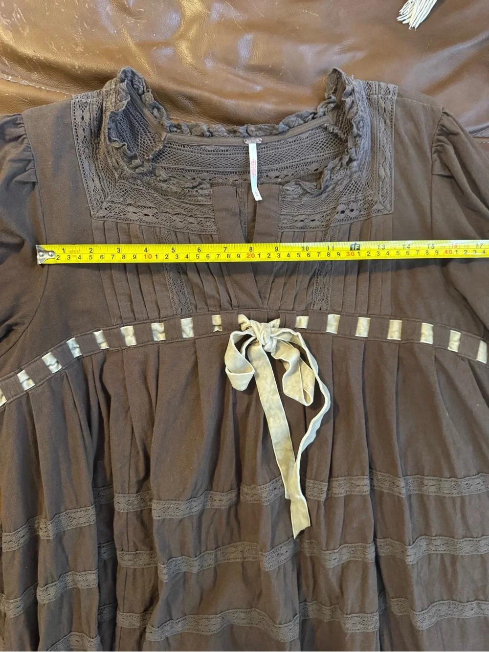 Free People Boho Peasant Tunic Dress with Contrast Ribbon Tie - Brown & Cream - Picture 7 of 7